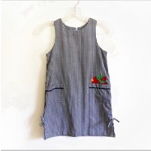 Kelly's Kids jumper dress navy gingham strawberries embroidered side ties